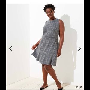 LOFT Gray Windowpane Fit-and-Flare Midi Dress